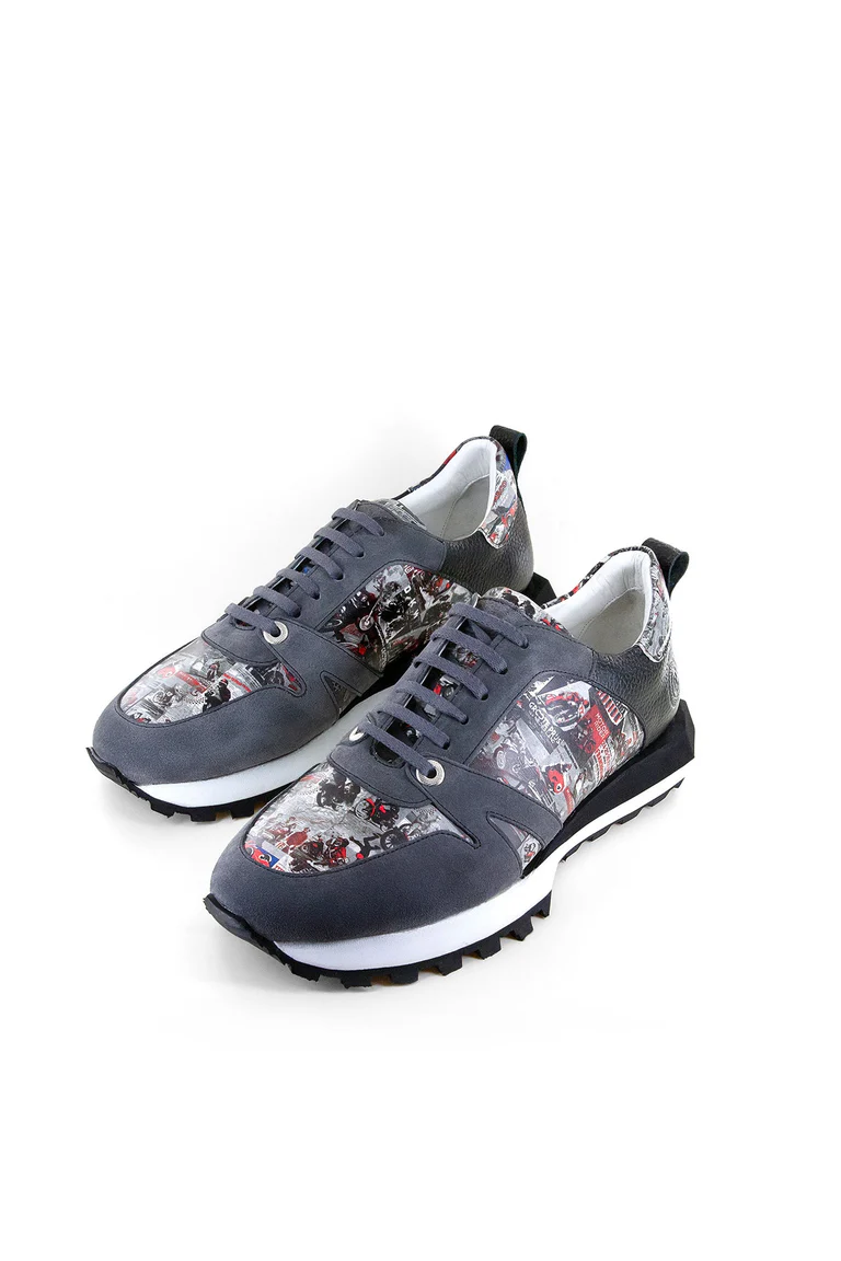 VINTAGE MOTORBIKE PRINTED LEATHER AND SUEDE TRAINERS